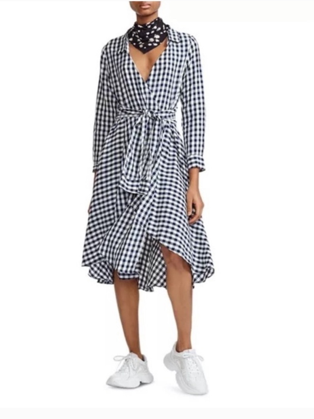 Maje Black & White Gingham High-Low Wrap Dress